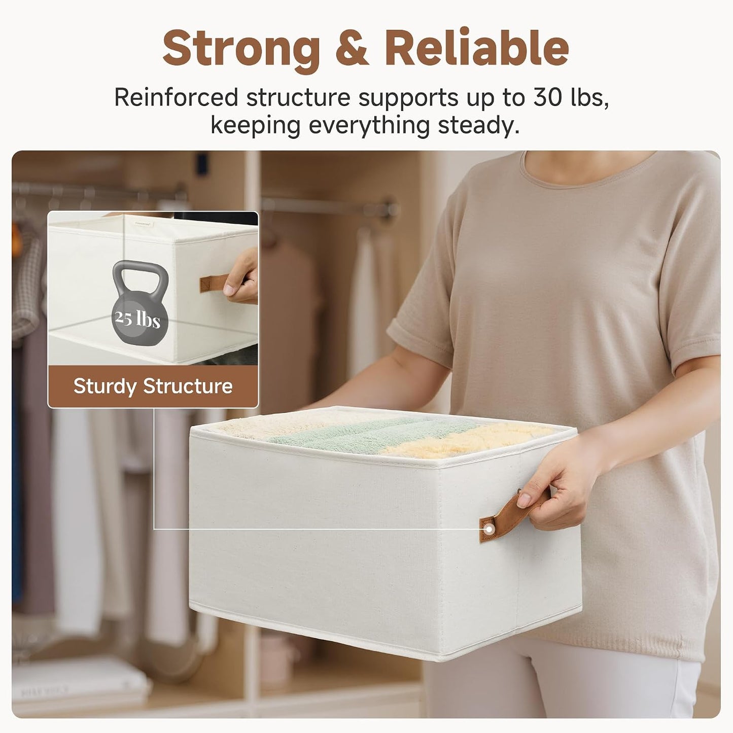 StorageWorks Closet Storage Bins with PU Handles, Ivory White, Large | Closet Organizers and Storage Bins, Foldable Shelf Baskets, Clothes Storage Basket for Organization