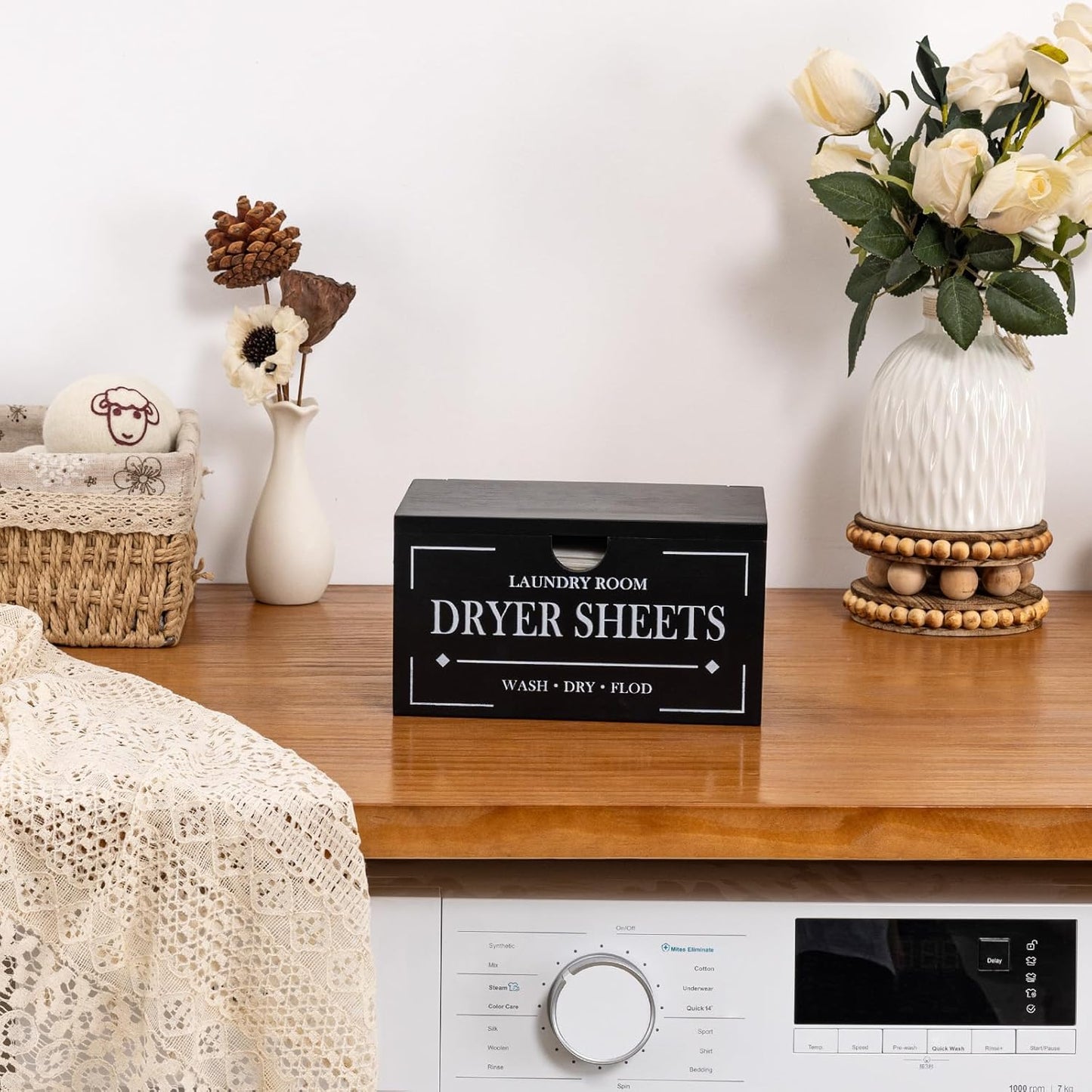 HouseJoy Dryer Sheet Holder-Black Dryer Sheet Container with Lid,Wooden Laundry Room Organization and Storage,Rustic Farmhouse Dryer Sheet Dispenser for Laundry Room Decor,Fabric Softener Containers