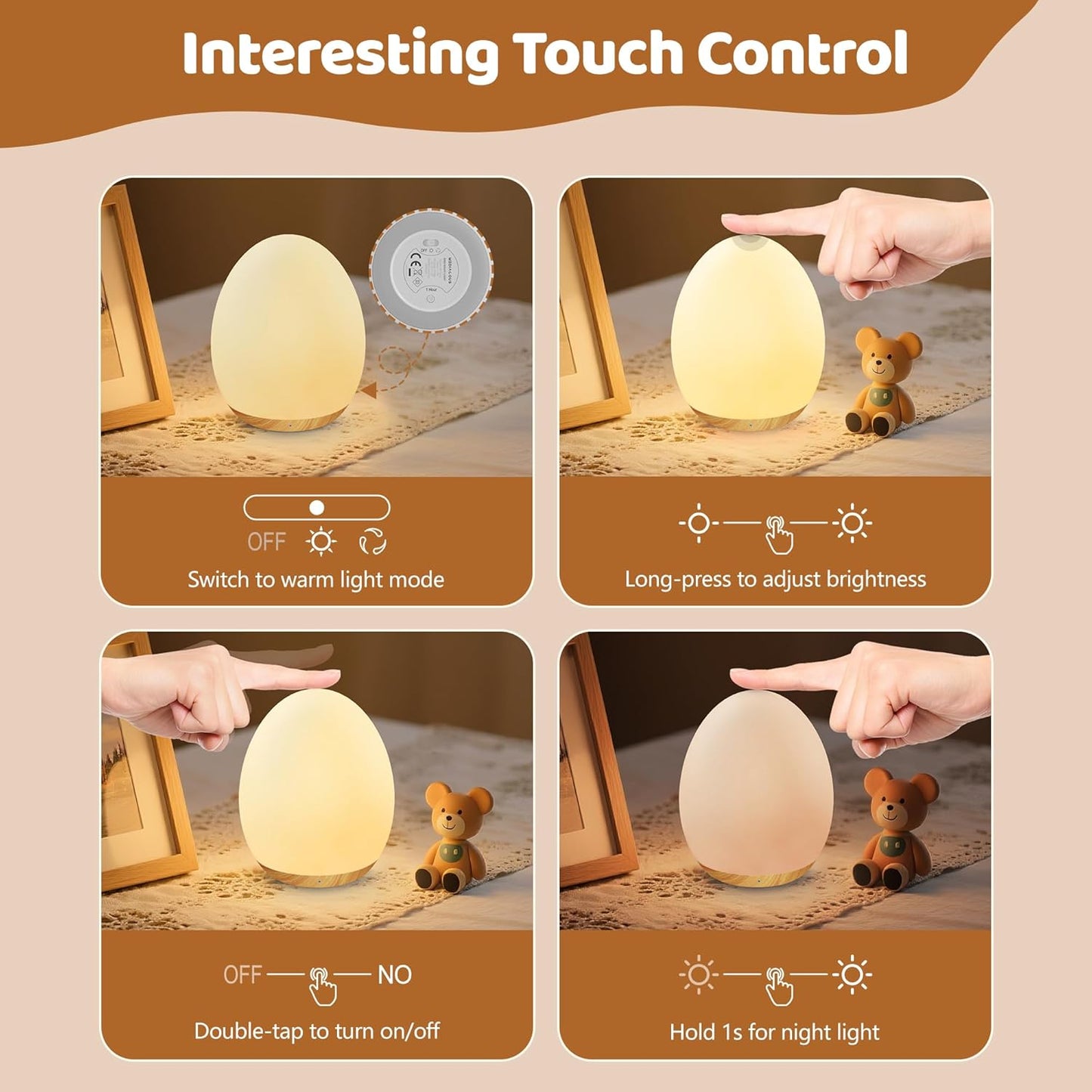 MediAcous Night Lights for Kids Room, Baby Night Light with 7 Colors Changing & Dimming Function, Rechargeable Kids Night Light with 1 Hour Timer & Touch Control, Up to 100H, Wood Grain
