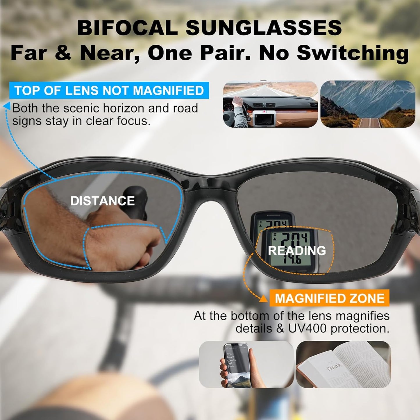 Missfive 2-Pack Mens Go-To Bifocal Sunglasses with Readers Built In, Resilient Temple Comfort-Fit Sport Wrap Around Frame & UV400 Protection, Driving & Reading Glasses for Outdoor +2.5