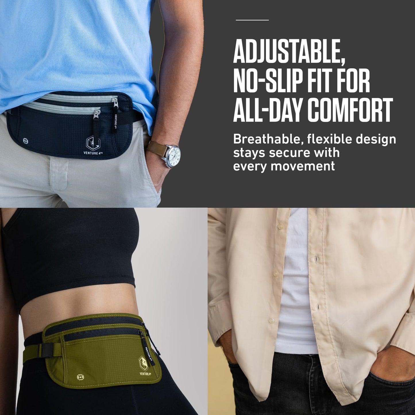 VENTURE 4TH Money Belt for Travel – Slim Hidden Under-Clothes RFID Blocking Anti-Theft Passport Holder & Travel Wallet Pouch for Men & Women to Protect Cash, Cards & Documents (Brown)