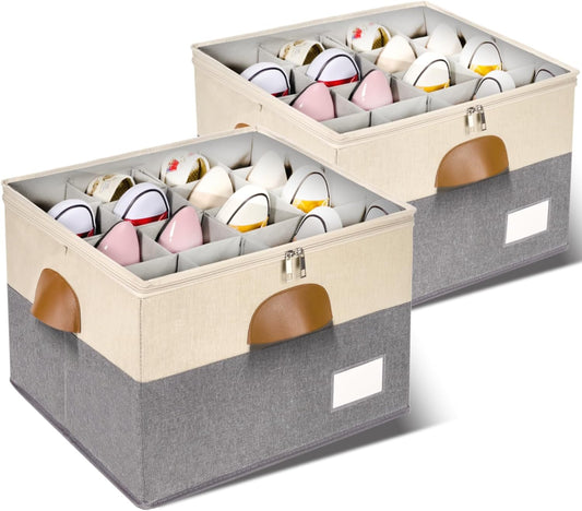 2 Pack Shoe Organizer for Closet with Adjustable Divider Shoe Storage Box