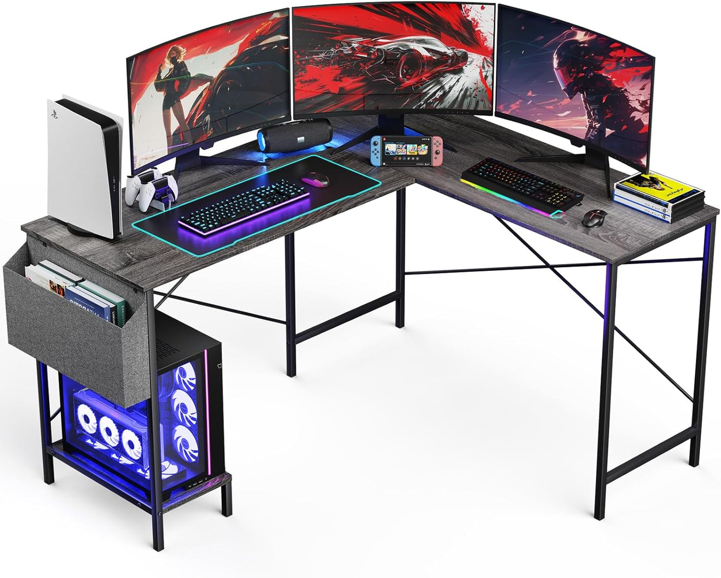 L Shaped Desk - 50" Reversible Home Office Computer Desk, Wood Top, Metal Frame, Side Bag, Sturdy Gaming Desk Corner Table for Work, Writing and Study, Space-Saving