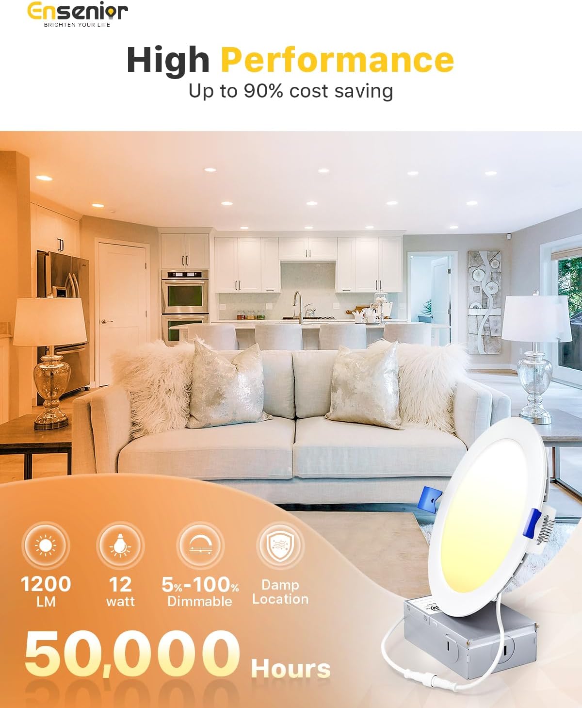 Ensenior 12 Pack 6 Inch LED Recessed Ceiling Light, Dimmable, 2700K-5000K 6CCT, 1050LM 12W 120V, High Brightness Canless Wafer Downlight - ETL&FCC&IC