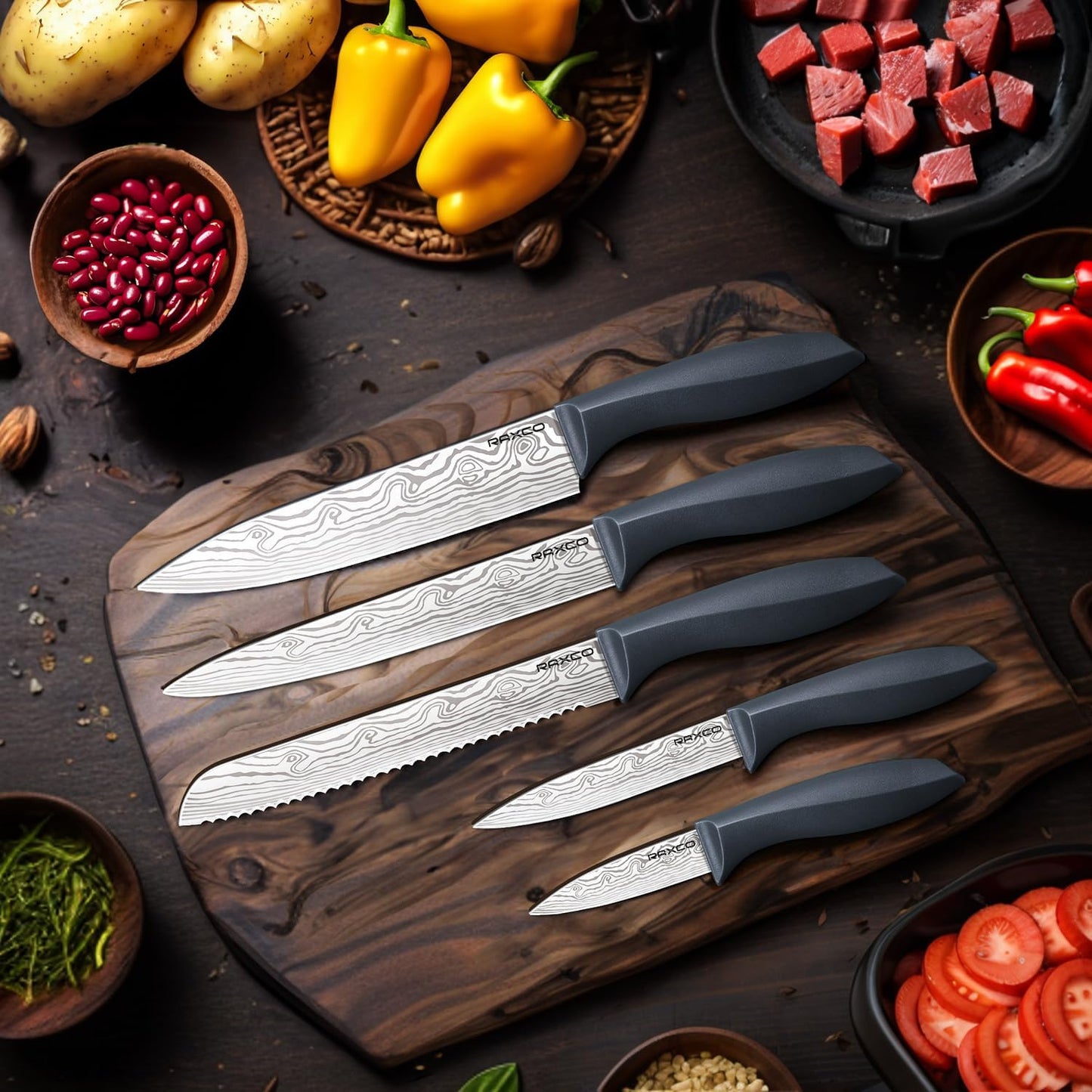 RAXCO 10-Piece Kitchen Knife Set | Stainless Steel Holder | Compact Design - Gray