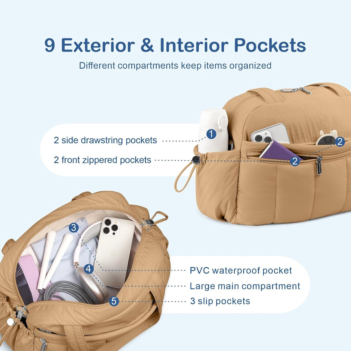 TOPDesign Travel Duffel Bag, Puffy Carry On Overnight, Gym Bag w/Wet Pocket