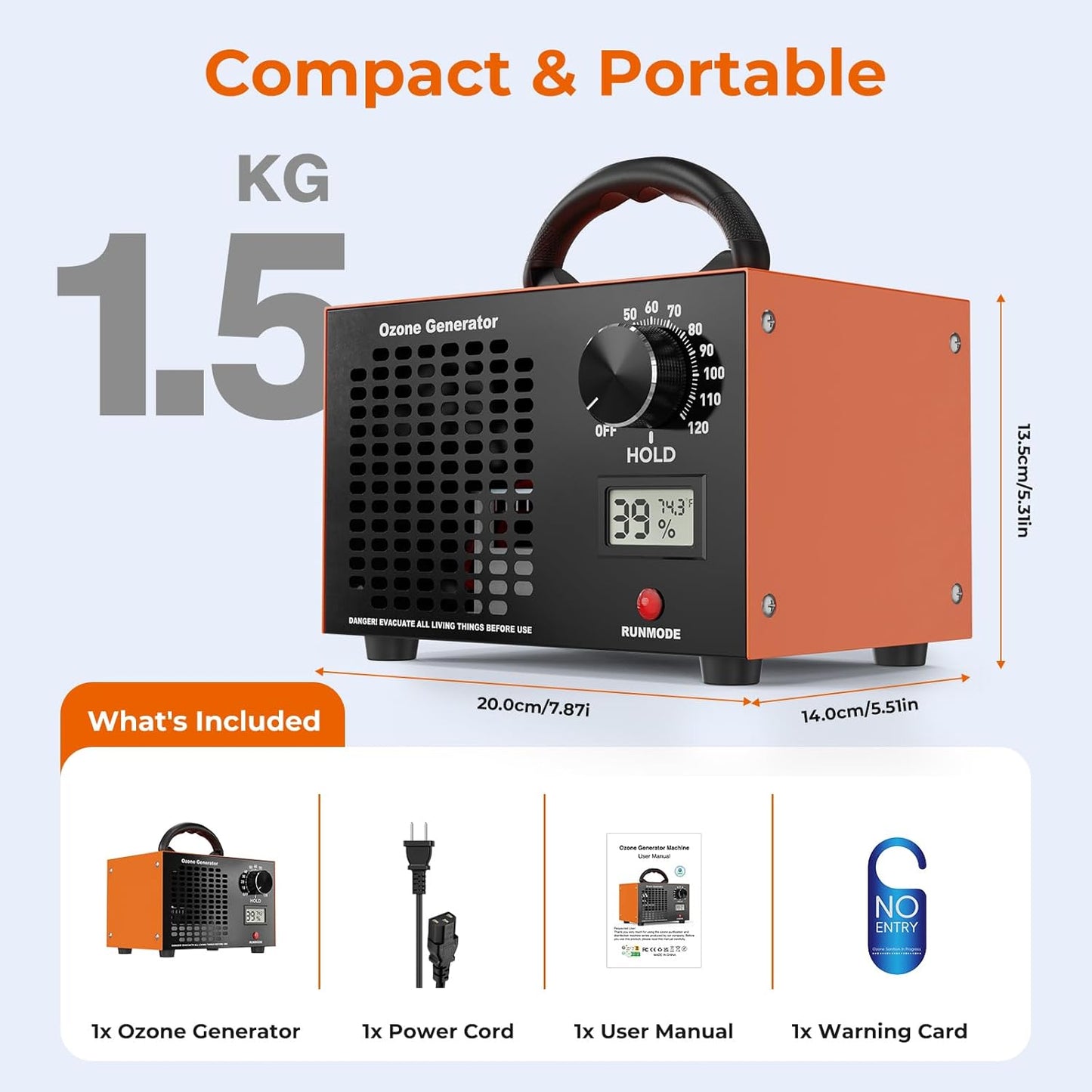 Ozone Generator 160,000mg/H with Temp/Humidity Display - 120 Min Timer O3 Ionizer Air Purifier for Large Spaces (5000 Sq.Ft) - Upgraded Ozone Machine for Cars, Homes, Hotels, Kitchens & Pet Areas