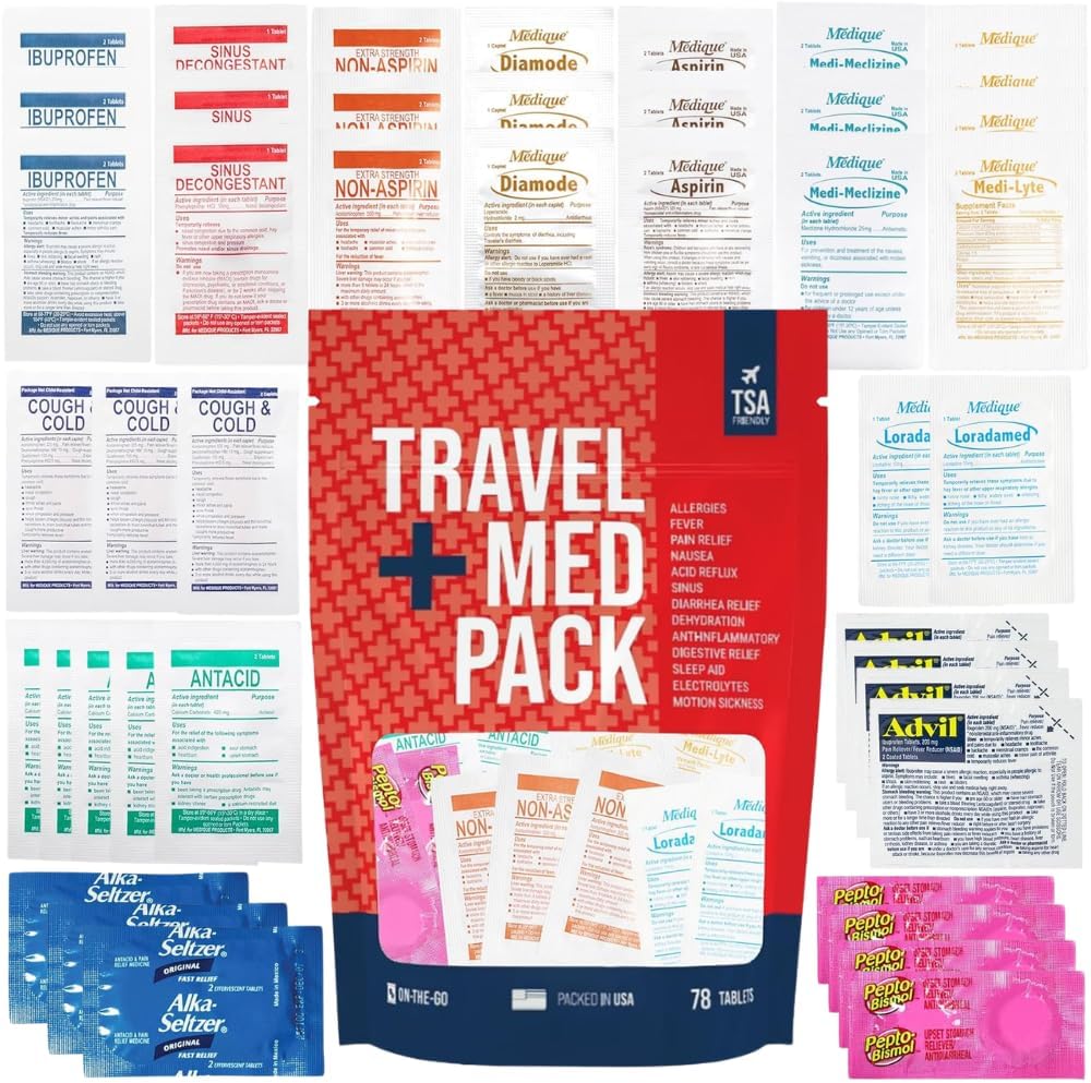 Travel Medicine Kit - 78-Piece TSA-Approved Medication Pack for Flights, Cruises & International Travel | Individually Wrapped OTC Medication Essentials