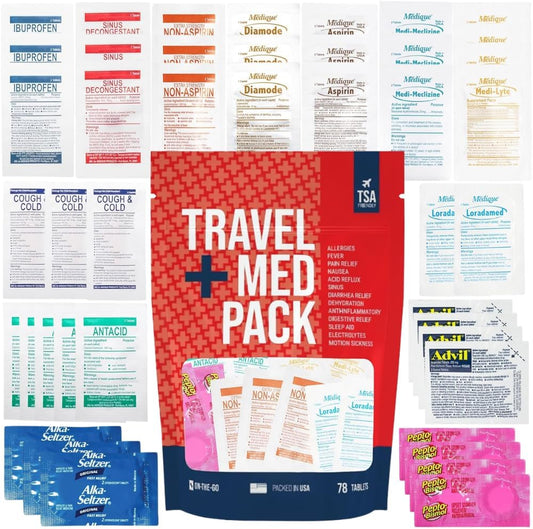 Travel Medicine Kit - 78-Piece TSA-Approved Medication Pack for Flights, Cruises & International Travel | Individually Wrapped OTC Medication Essentials