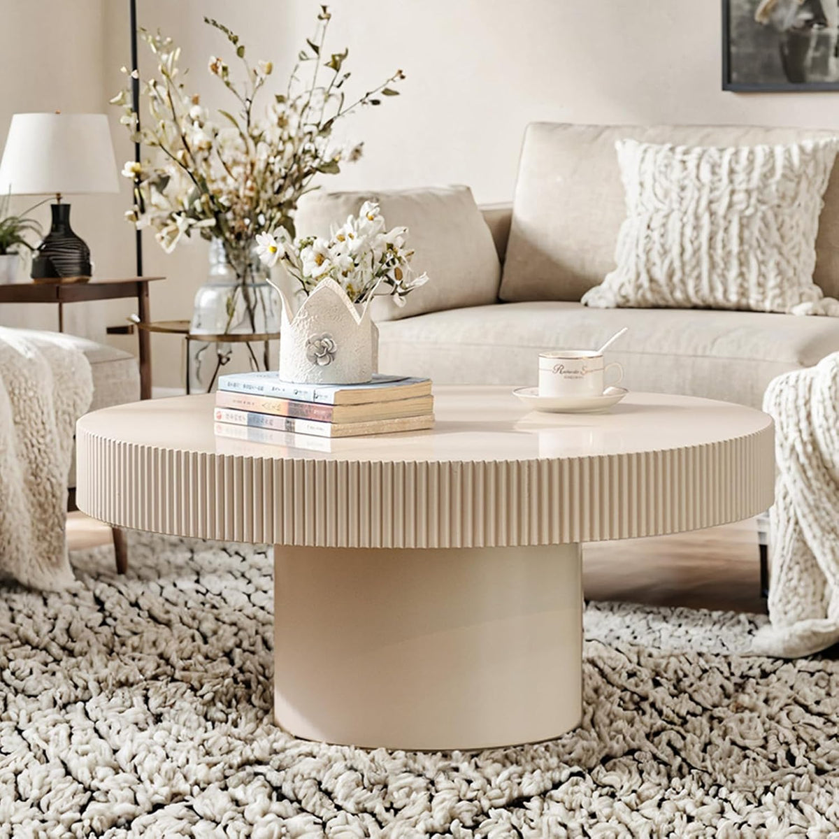 Modern Round Coffee Table for Living Room (Ivory White Thin)
