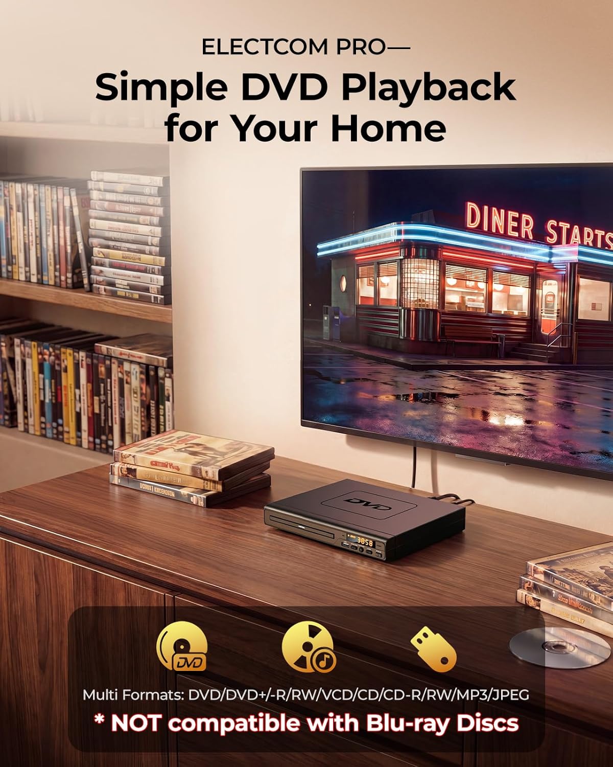 ELECTCOM PRO Region-Free DVD Player for TV: Plays Regions 0-6 & Multi Formats - Designed for Collectors & Vintage Movie Collections - HDMI/RCA Compact DVD/CD Player for Smart TV, Home Stereo & RV