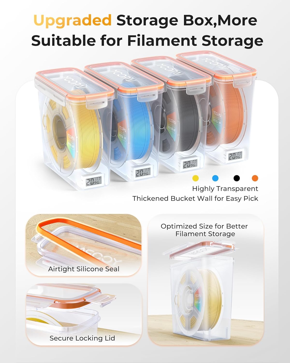 YOOPAI Pro Filament Storage Box with Temperature & Humidity Monitor, Airtight Filament Storage Container with Desiccant for 1KG 1.75mm PLA ABS PETG TPU, Single Spool 3D Printer Filament Storage Box(6)