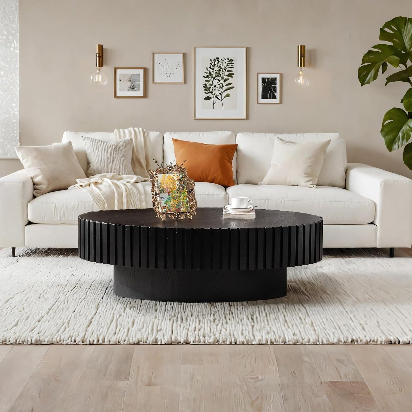 43.3'' Oval Coffee Table for Living Room (Oval Black) | Modern Handcraft Drum Coffee Table Unique Fluted Coffee Tables Wood Center Table End Table for Farmhouse Apartment Office