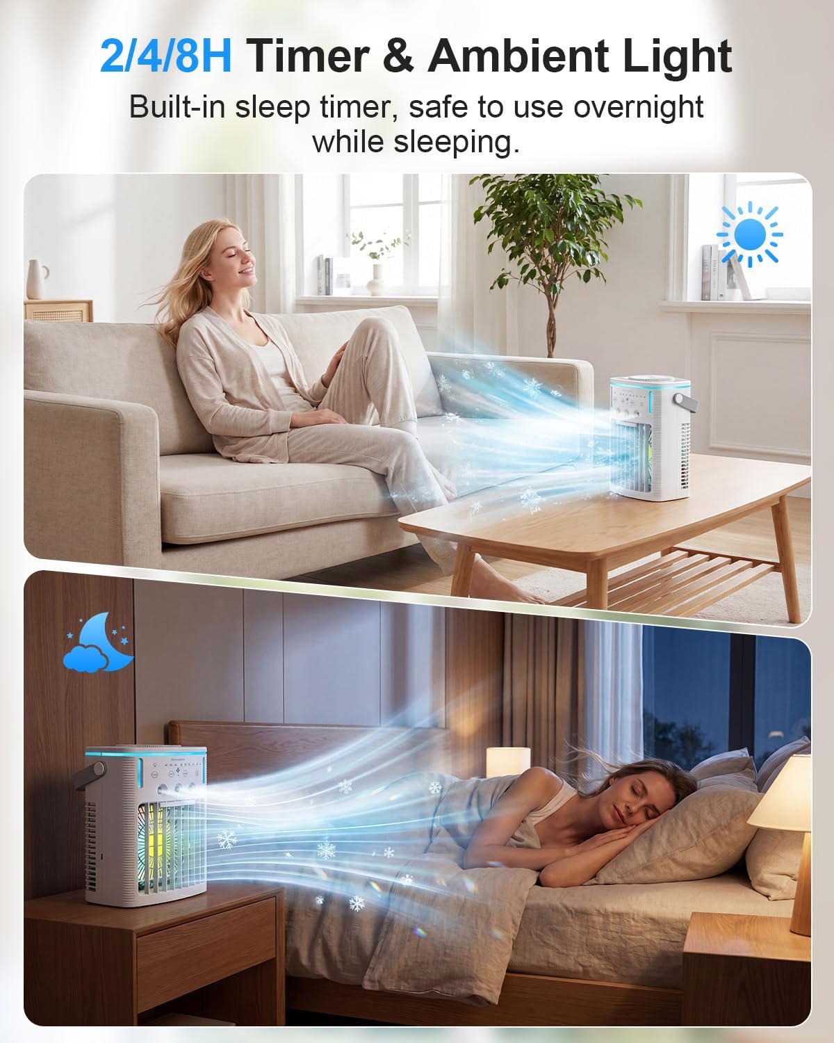 Portable Air Conditioners, Ultra-Quiet Mini AC Fan with 2-4-8H Timer, Remote Control, 3 Speed & Cool Mist, 3 Ultrasonic Nozzles, 7 Color Light, 1000ml Personal Evaporative Air Cooler for Office, Room