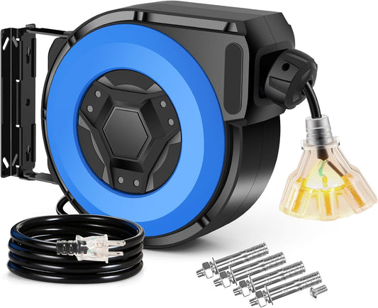 Retractable Extension Cord Reel, 50FT Heavy Duty Power Cord for Garage Workshop, 14AWG/3C SJTOW Cord Reel, UL Listed, Security Lock, 13A Circuit Breaker, 3-Lighted Triple Outlets, 180°Swivel Bracket