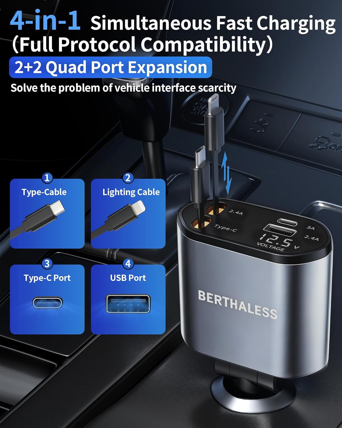 BERTHALESS Retractable Car Charger, 4 in 1 Fast Charging Car Charger with USB-C & USB-A, Compatible with iPhone 17/16/15/14/13/12/11,Galaxy,Pixel,Car Accessories Gifts for Fathers Day,Husband,Men,Dad
