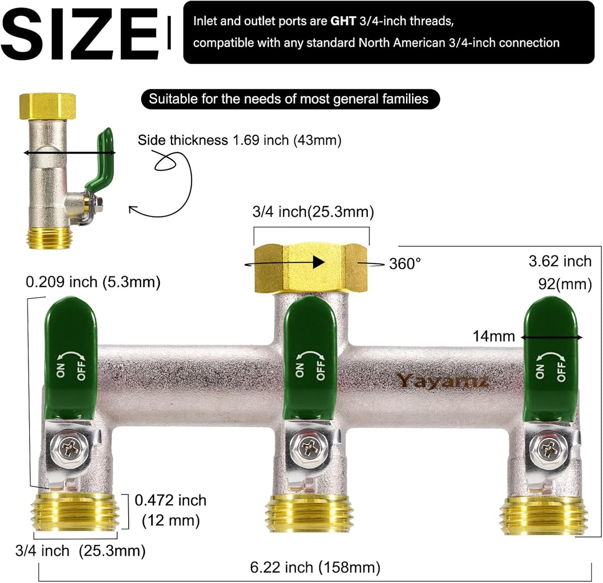 3 Way Garden Hose Splitter, 3/4" GHT Water Spigot Splitter - Green