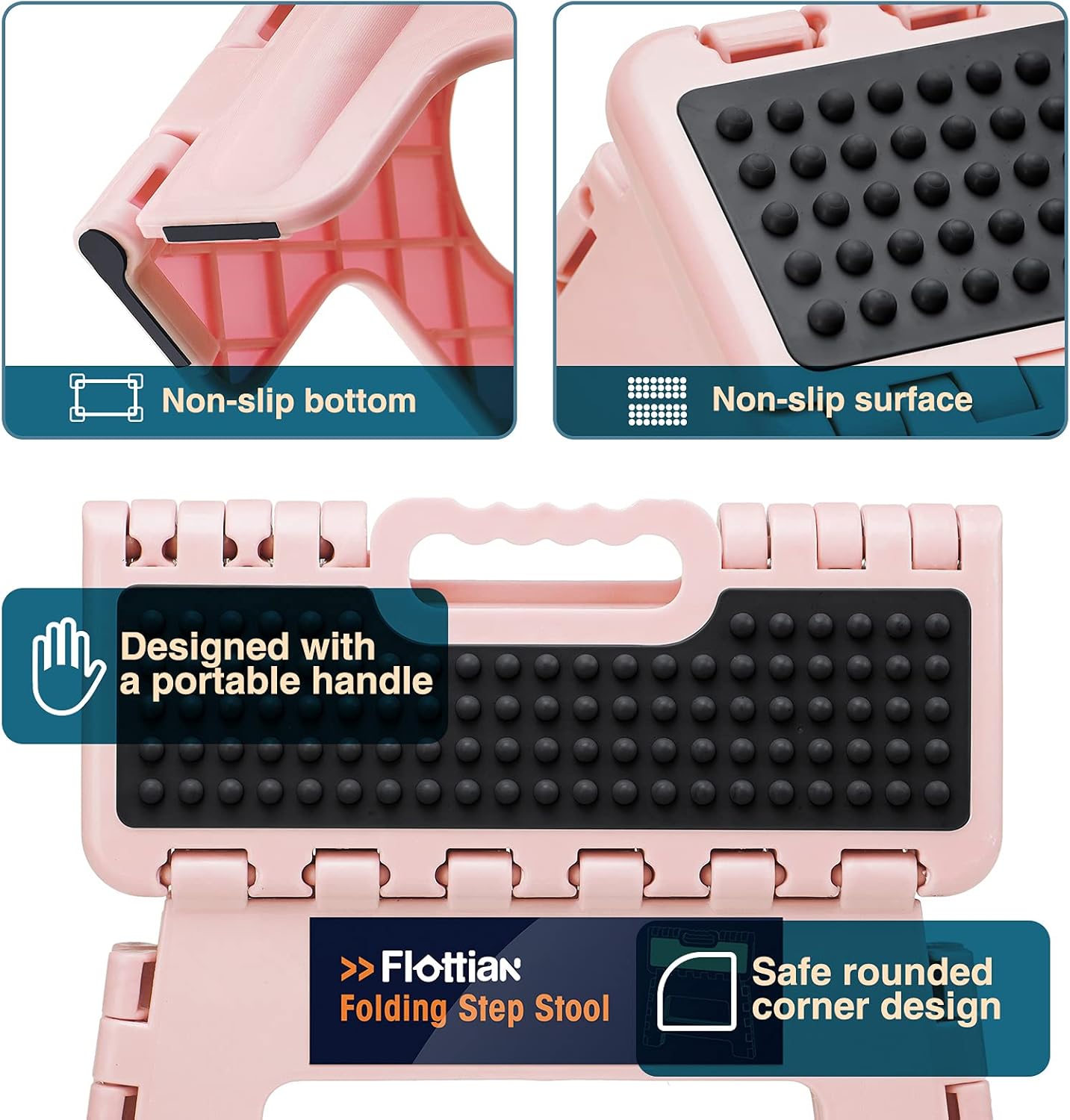 Flottian 9" Folding Step Stool for Adults and Kids Holds Up to 300 lbs,Non-Slip Folding Stools with Portable Handle, Compact Plastic Foldable Step Stool for Bathroom,Bedroom, Kitchen Sakura Pink