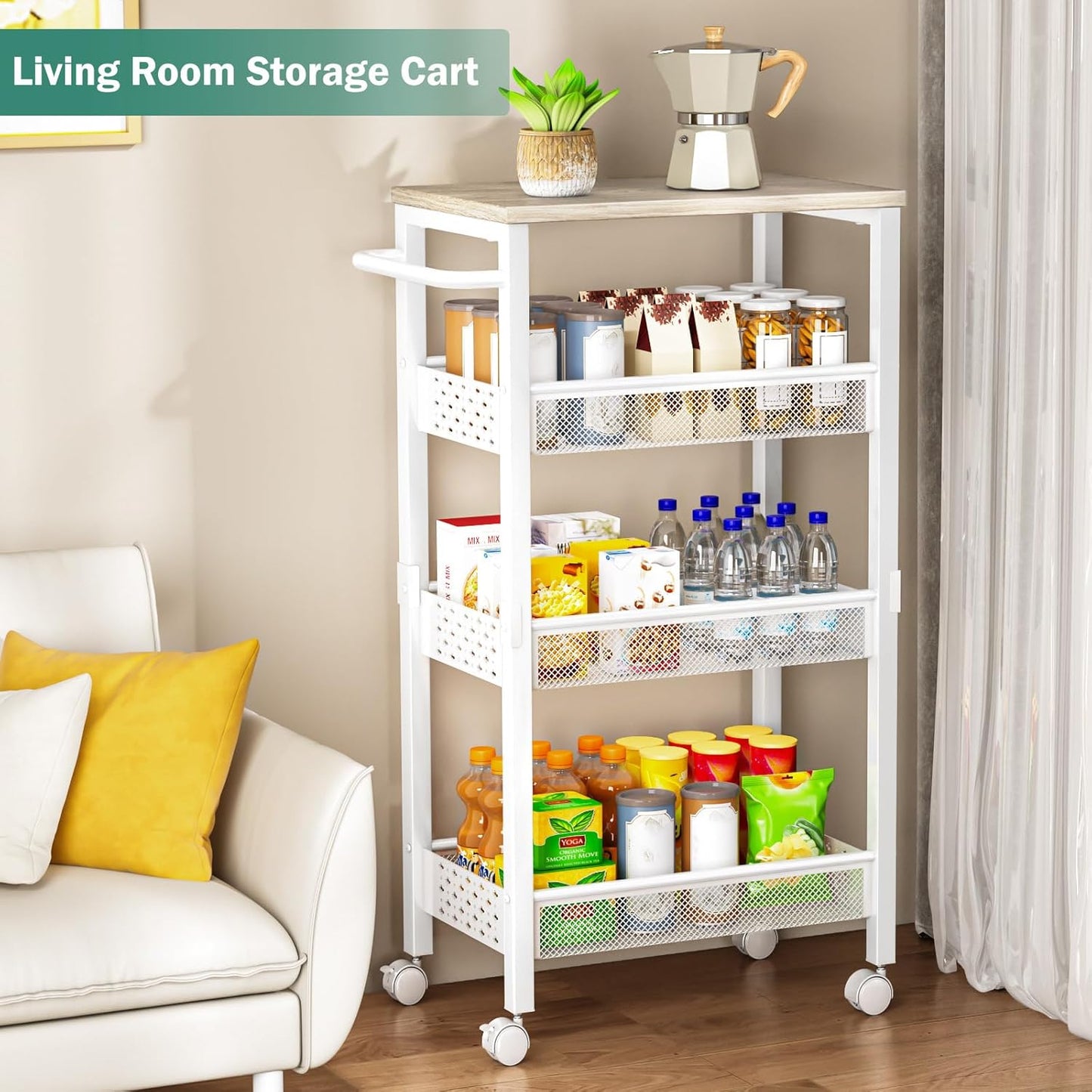Vivihomety Utility Slim Storage Cart with Wheels, 4 Tier Small Rolling Cart with Wood Top, Metal Kitchen Bathroom Laundry Room Organization Trolley with Handle for Narrow Space - White