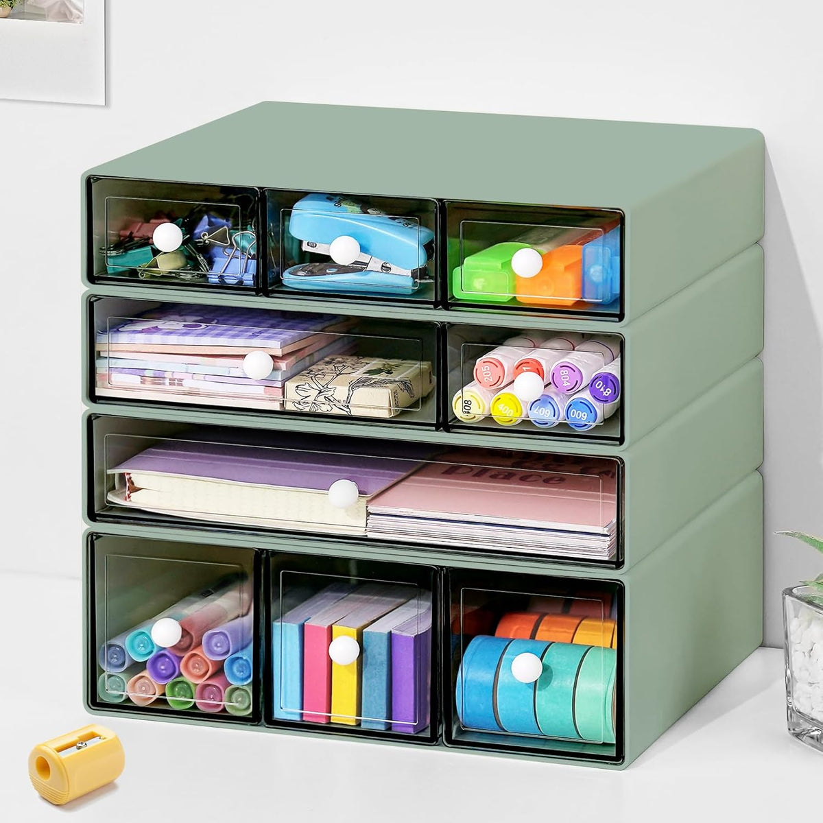 Desk Organizer with 9 Drawers, 4 Tier Plastic Stackable Storage Drawers for Desk Storage, Office Stationary Makeup Organizer Suit for Home, Office and School