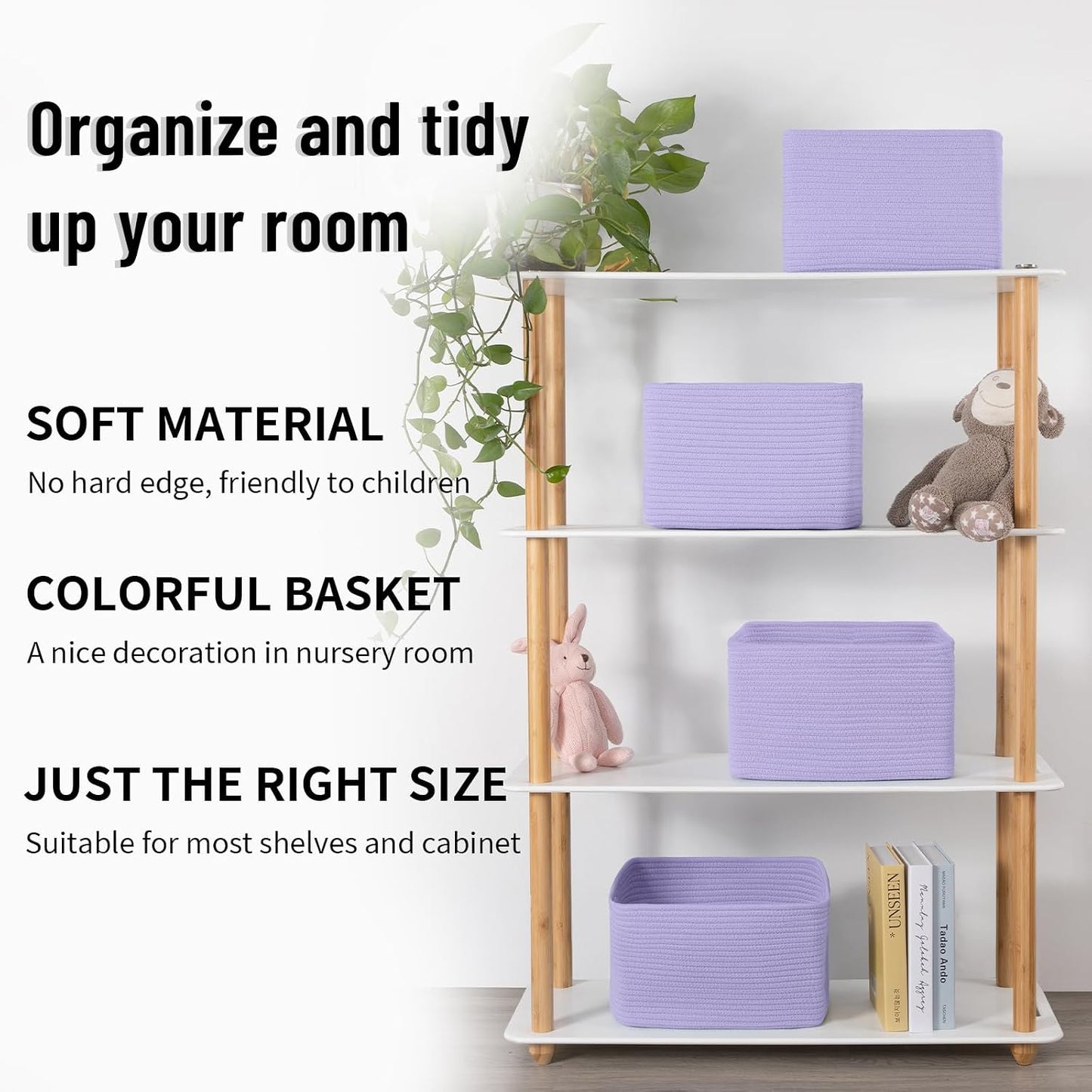 4 Pack Storage Baskets for Organizing Toys, Towels, and Clothes, Woven Basket for Shelves, Sturdy Nursery Cube Bins for Storage, 13''L x9''W x7.8''H, Purple