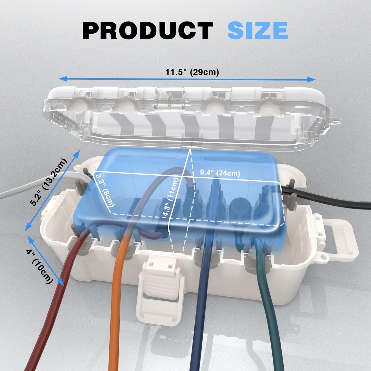 Flemoon Medium Outdoor Electrical Box, IP54 Waterproof Extension Cord Cover | Inner Size 9.4 x 4.3 x 3.2 Inch, Weatherproof Connection Box with Clear Lid for Outlet, Holiday Lights, Transparent and White