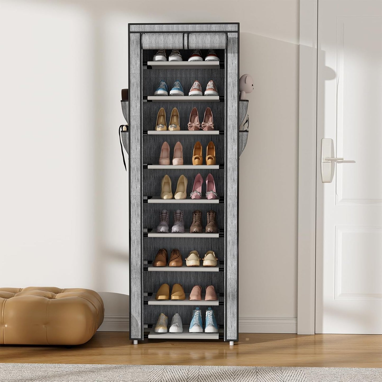 VILICK Shoe Rack with Cover Narrow Shoe Rack Organizer with 4 Side Pockets 10 Tier Tall Shoe Storage Shoe Shelf Holds 18-22 Pairs Shoes and Boots Shoe Rack for Closet, Printing