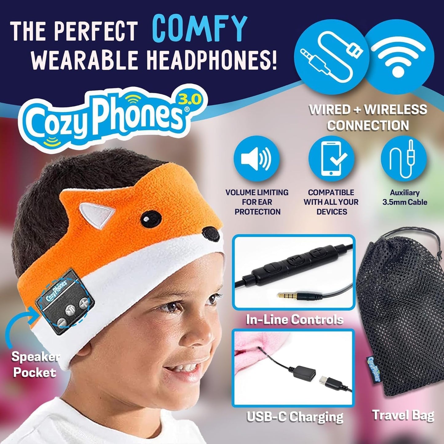 CozyPhones Toddler Headphones Wireless, Kids Bluetooth Earphones, Safe Volume - Wired School Headphones for Kids with 3.5 MM Jack and Travel Bag - Toddler Airplane Accessories for Boys & Girls - Fox
