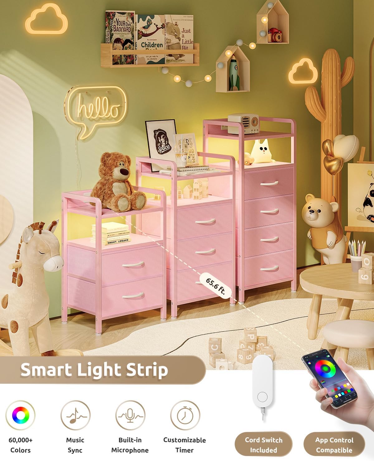 Lazzanto Night Stand Bedside Charger Bedroom - Nightstand with Charging Station & LED Light Strip, Night Stand with Storage Shelf & 2 Fabric Drawers, Morden End Table with USB Ports&AC Outlets,Pink