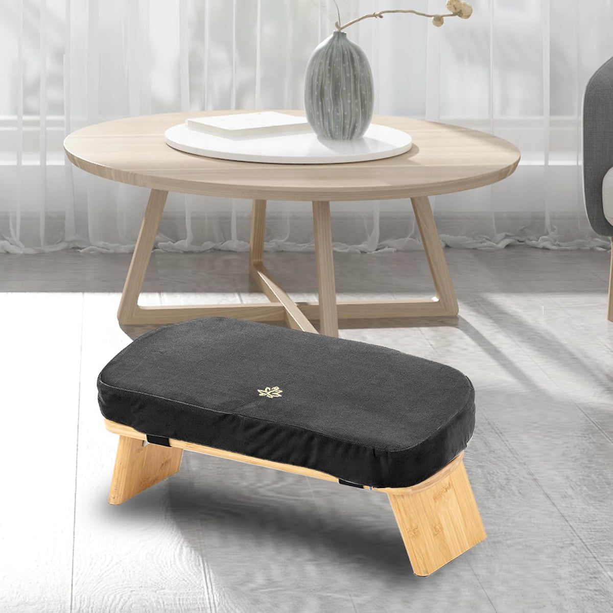 Bamboo Meditation Bench, Foldable Prayer Stool (Black)