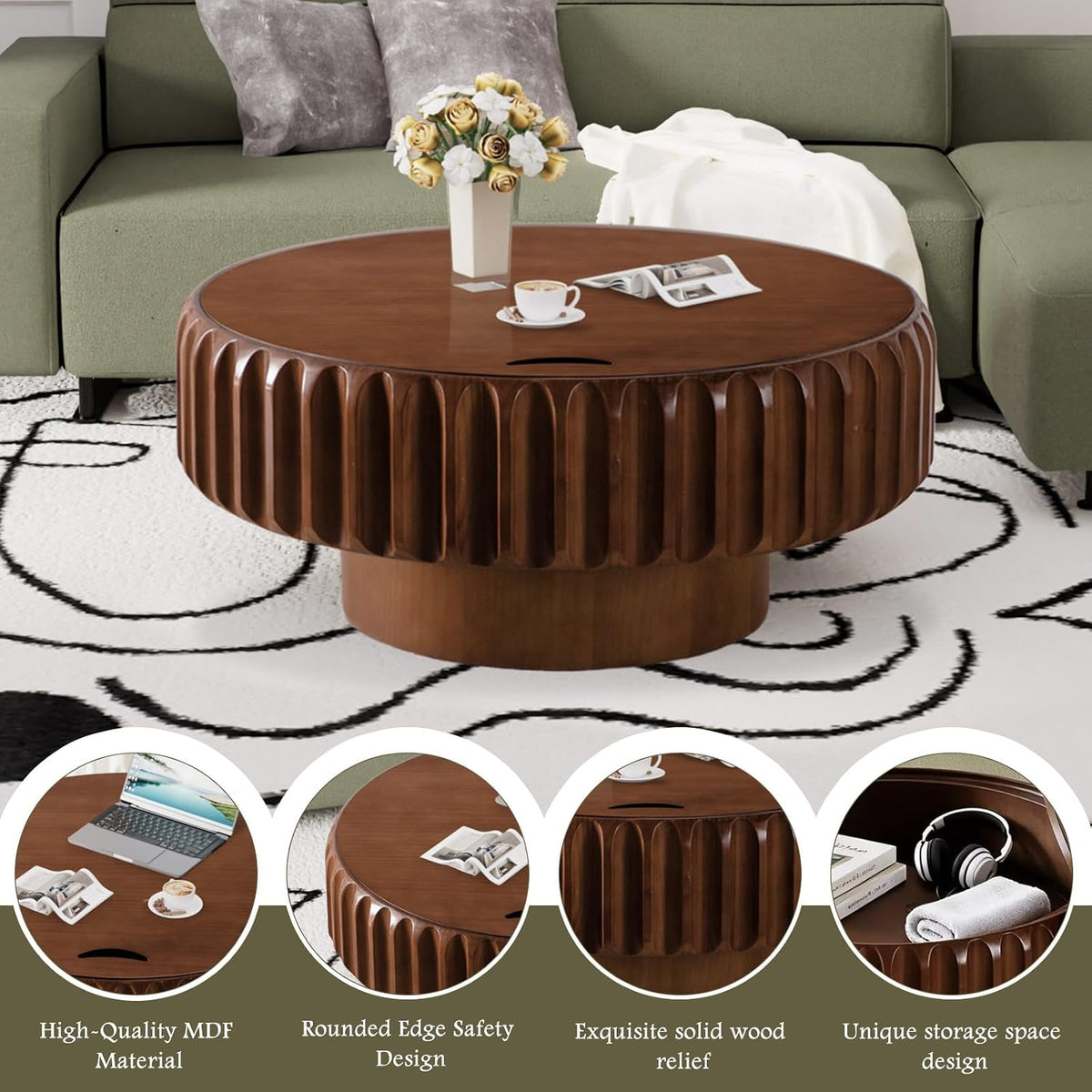 Round Coffee Table with Hidden Storage (Walnut 31.5 Inch)