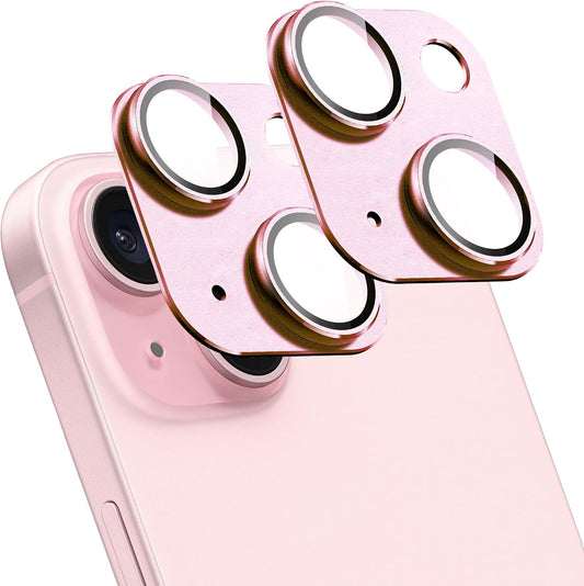 2 Pack Camera Lens Protector for iPhone 15/15 Plus,[Not Easy to Breakn ] AR Tempered Glass Strong Adsorption Metal Camera Cover Screen-Pink