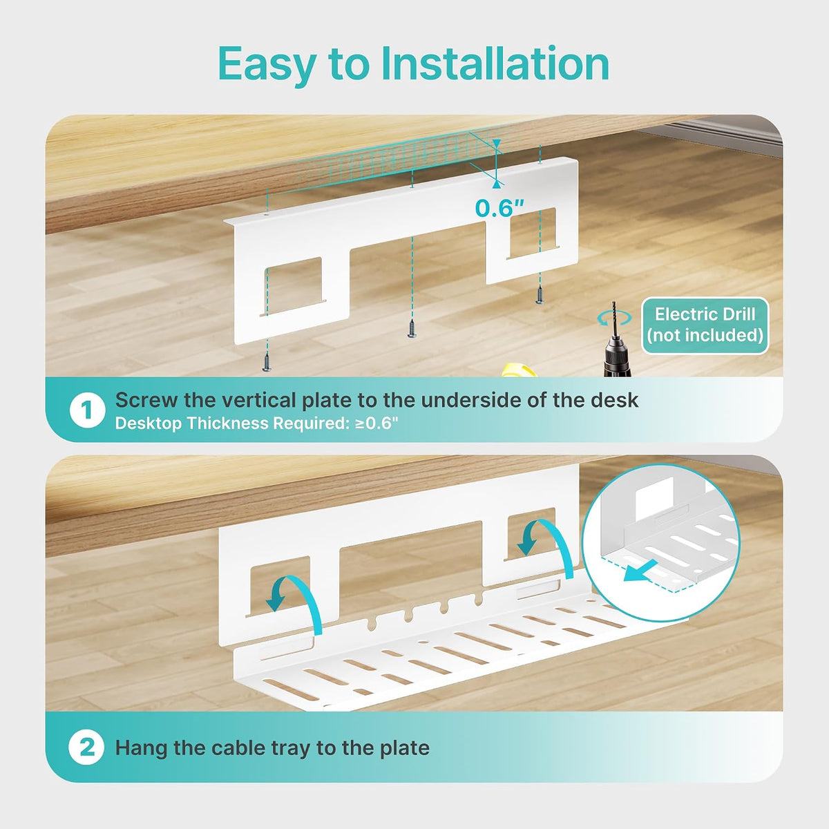 PEGZONE Under Desk Cable Management Tray, 15.7'' Screw-Mount Steel Rack