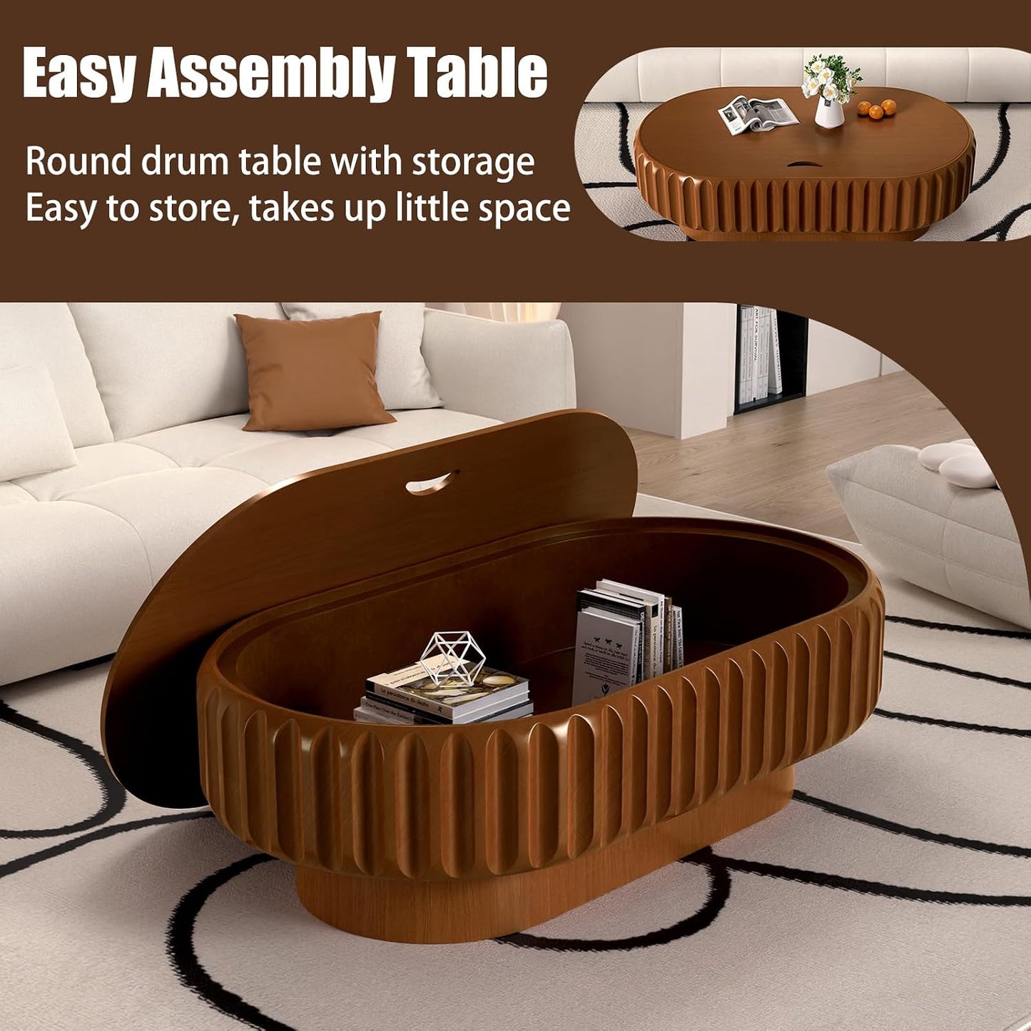 43.3" Oval Coffee Table with Storage (A Brown 43.3 in) | Fluted Coffee Table with Solid Wood Veneer, Mid Century Modern Wood Center Table, Accent Tea Table for Living Room Apartment