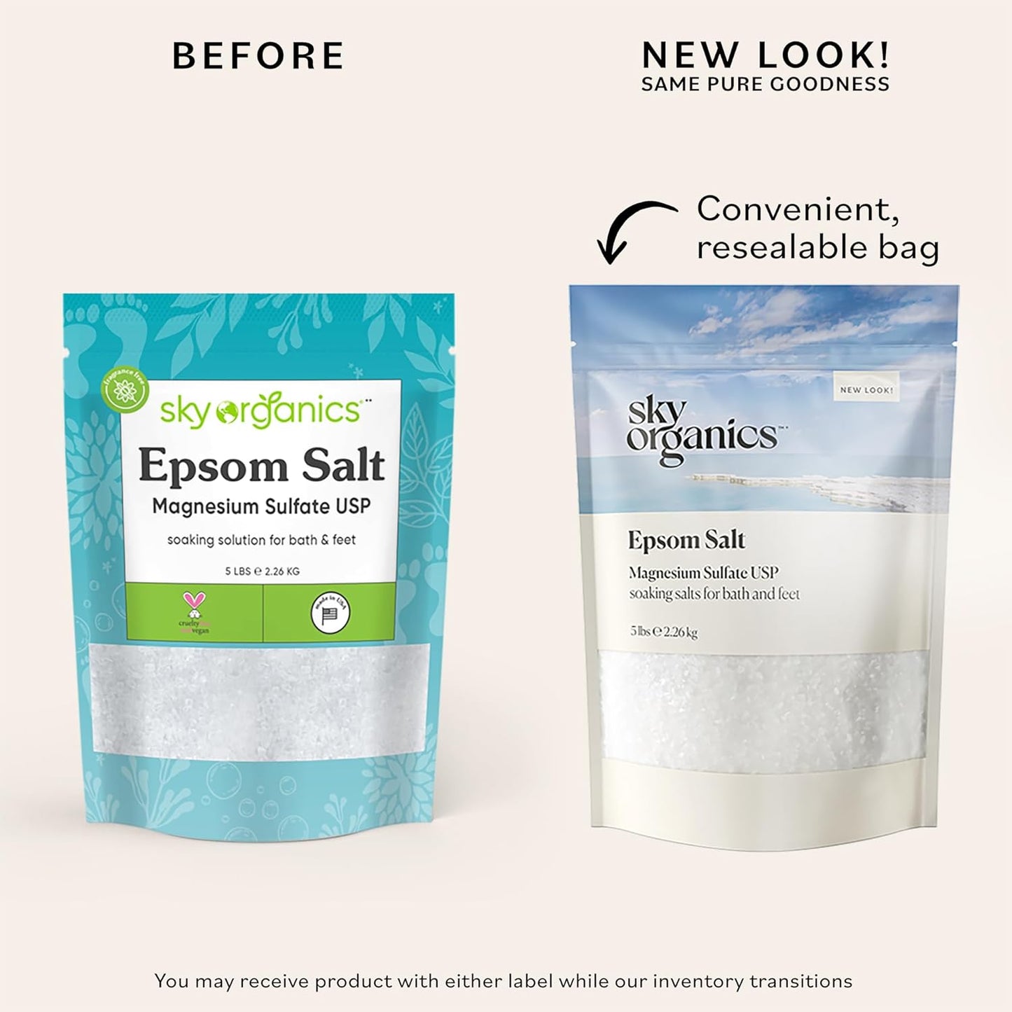 Sky Organics - Epsom Salt Bath Soak, 5 lbs - Magnesium Sulfate USP - 100% Pure, Medium Grain - Unscented - Soaking Bath Salts - Resealable Bag - Natural, Vegan & Cruelty Free - Self Care - Bath & Feet
