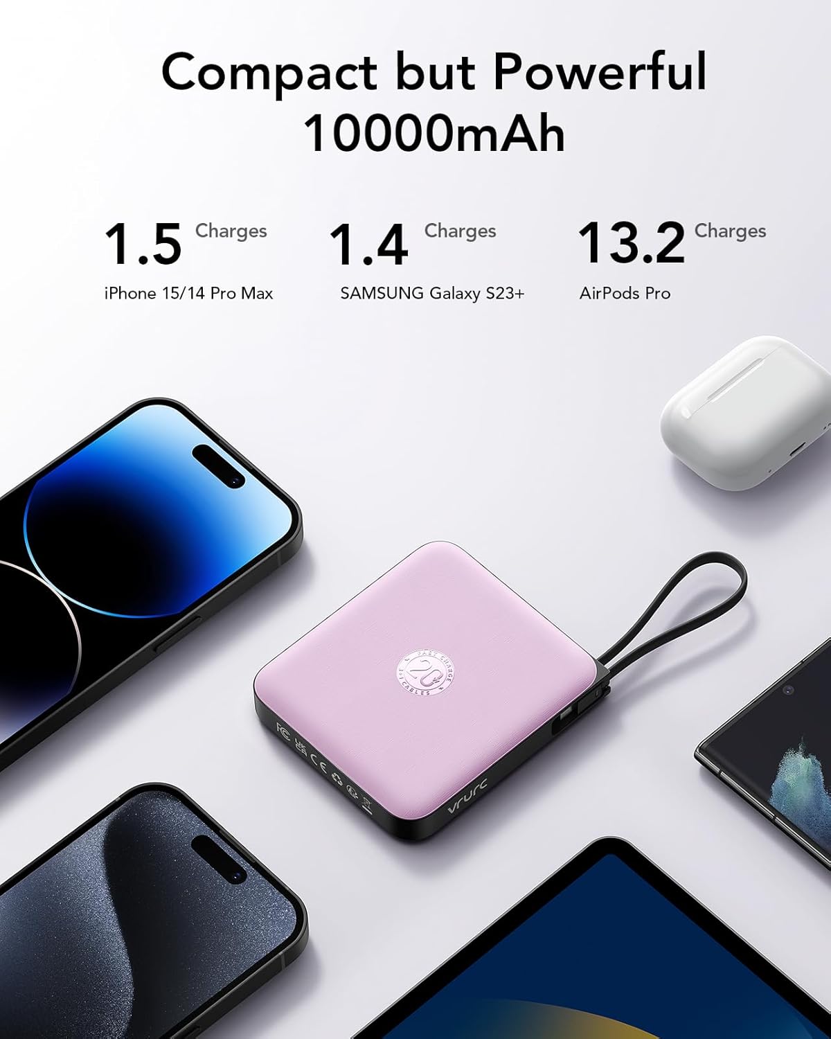 VRURC Portable Charger 10000mAh Battery Pack, Cell Phone Power Bank-Purple | with Built-in 4 Cables,22.5W Fast Charging,Slim,Travel Essentials,for iPhone 17/16/15 Series, Samsung Android Series