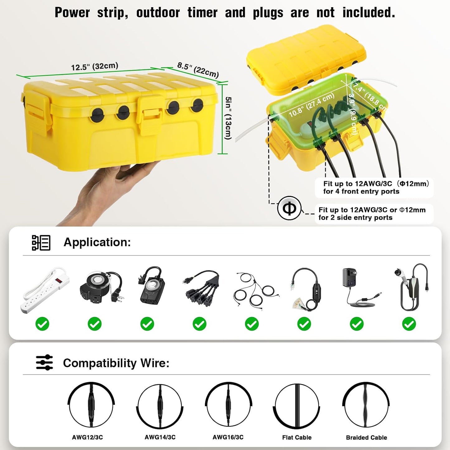 Flemoon Large Outdoor Electrical Box Waterproof, for Outdoor Plug | 12.5x8.5x5inch, IP54 Extension Cord Cover Weatherproof, Protect Outlet, Socket, Power Strip, Holiday Light Decoration, Yellow