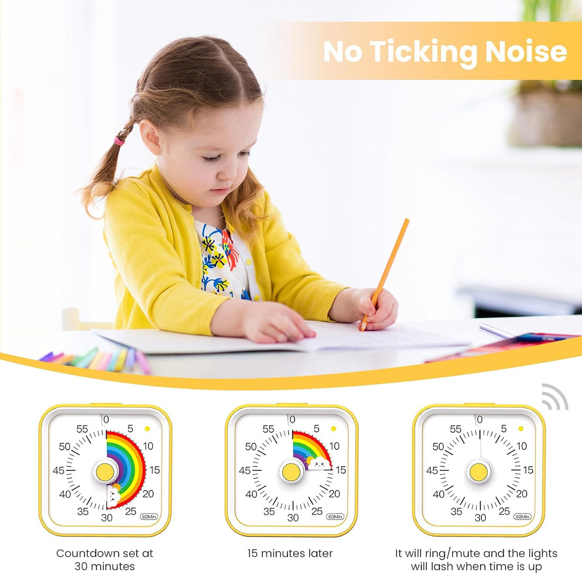 Visual Timer for Kids, Rainbow Timer with Pause Function, Yellow