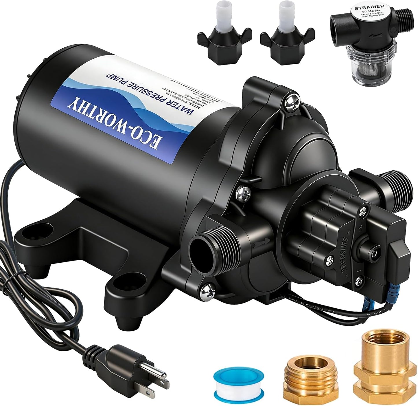 ECO-WORTHY 33-Series Industrial Water Pressure Pump 110V AC 4.0GPM 50PSI RV Fresh Water Diaphragm Pump include Garden Hose Adapters for Irrigation Marine Boat Sprinkler Faucet