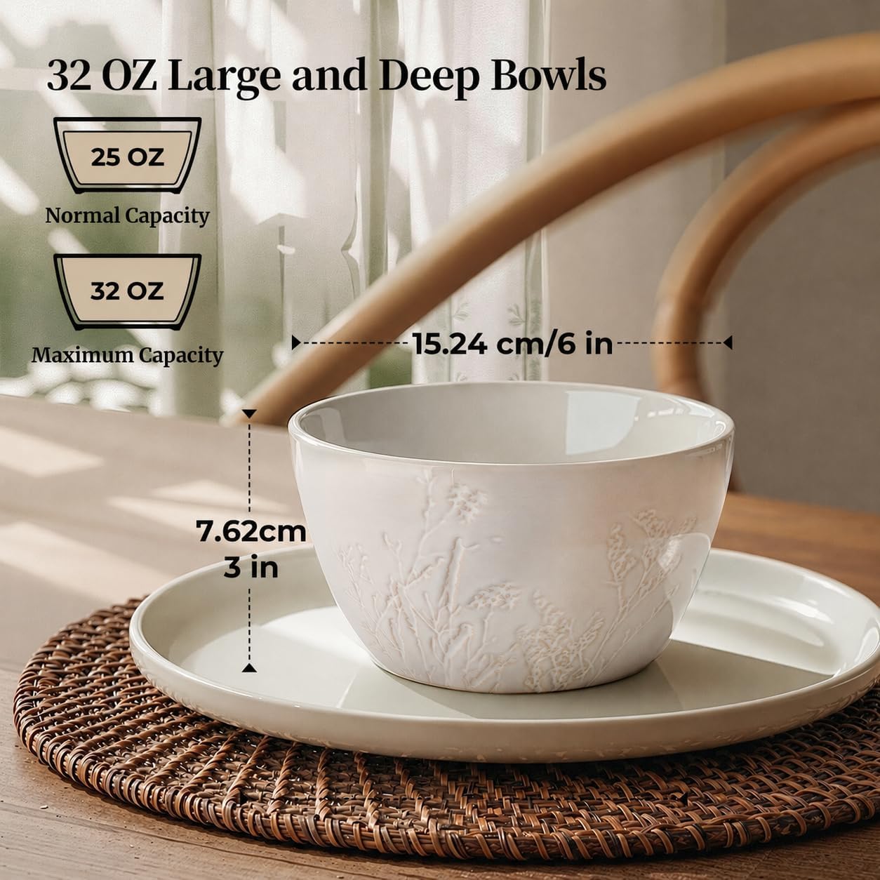 DOWAN 32 OZ Ceramic Bowls Set of 4 – Large Soup Bowls for Cereal, Ramen, Pho, Pasta & Salad Bowls – Stackable, Microwave & Dishwasher Safe – Wedding & Housewarming Gift