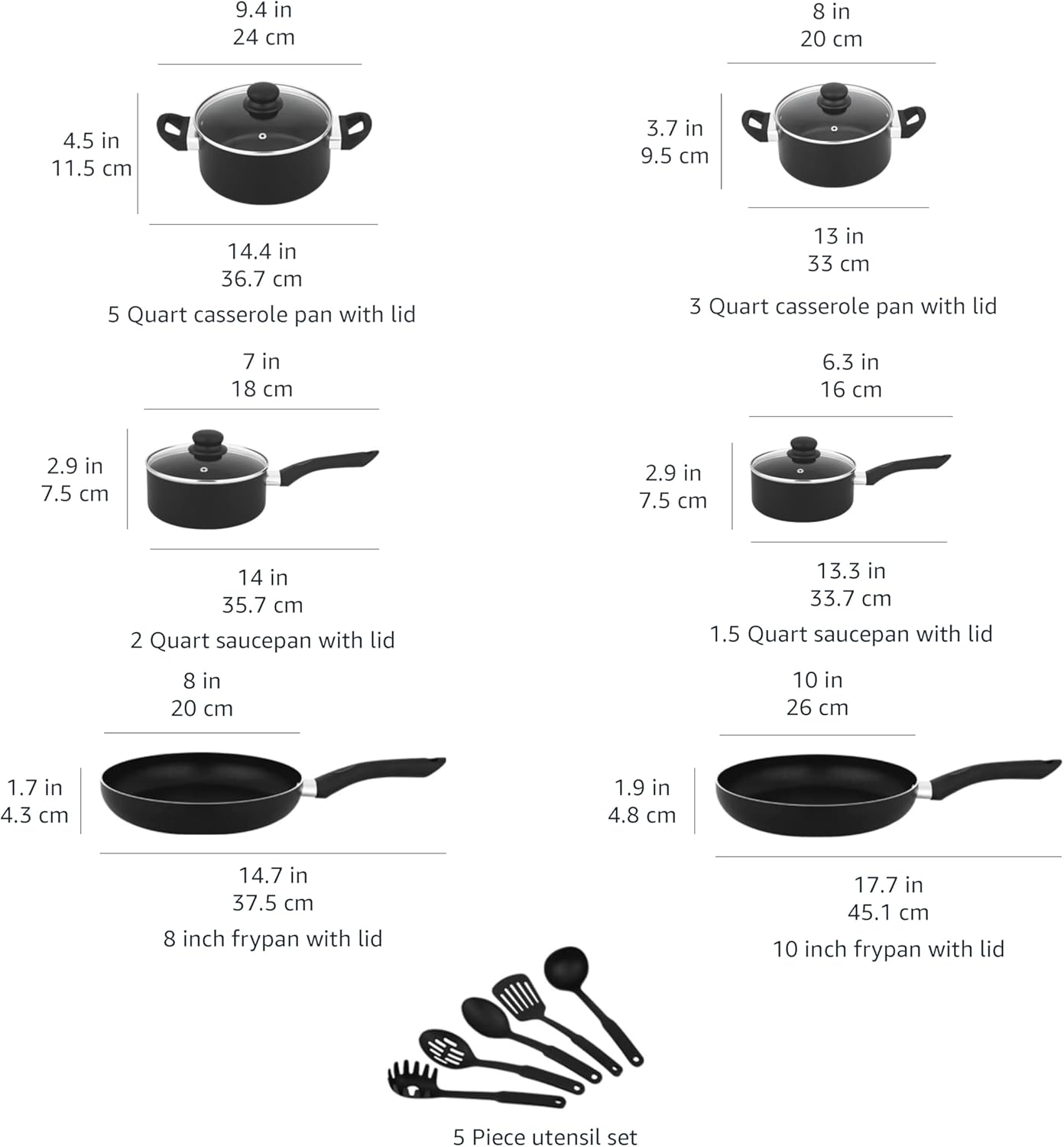 Amazon Basics Non-Stick Kitchen Cookware 15-Piece Set with Stay-Cool Handles, Even Heating, Non-Induction, Includes Pots, Pans, and Utensils, Black