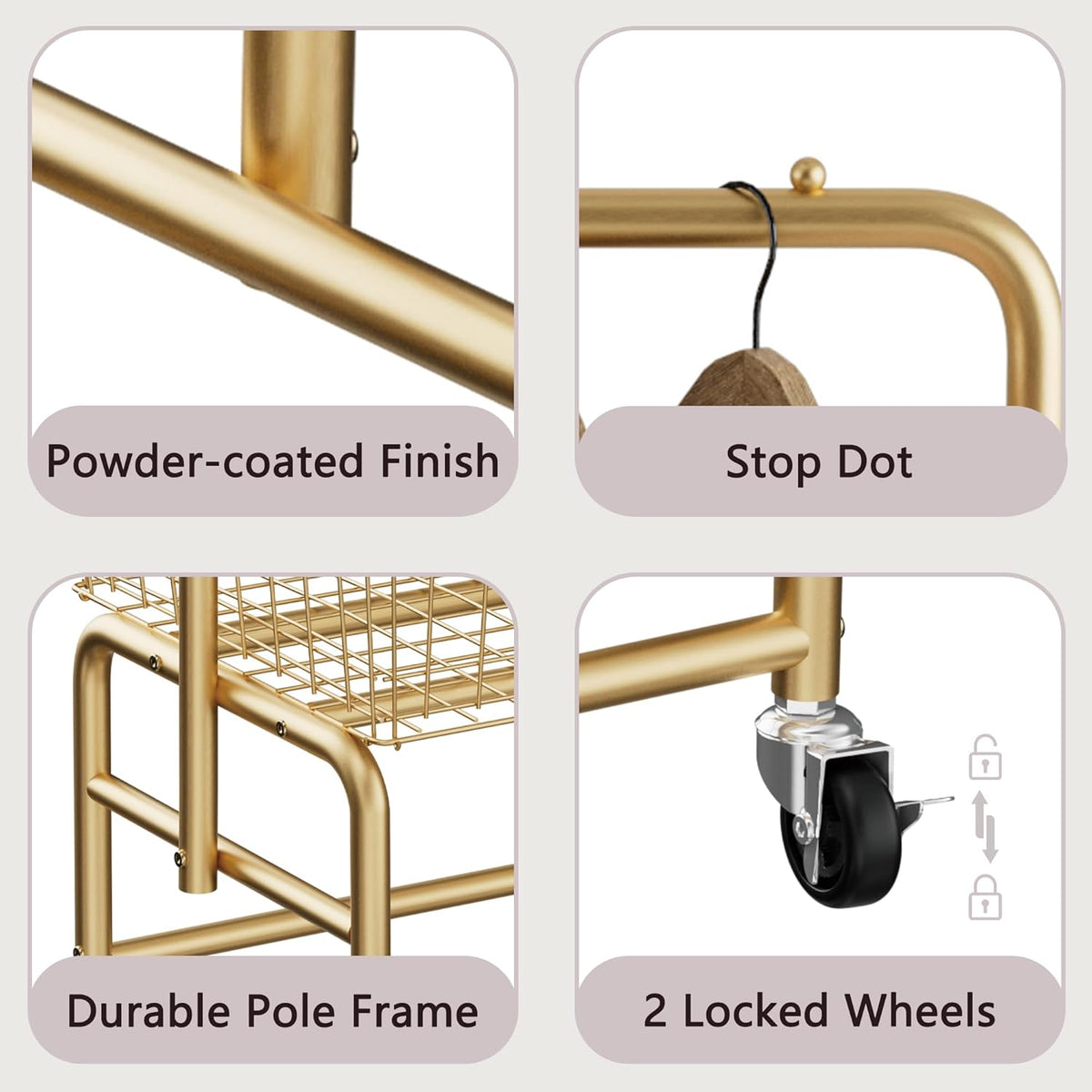 Rolling Laundry Cart with Wheels, Laundry Hamper Basket Organizer with Clothes Hanging Rack, Wire Storage Cloth Shelf Butler, Golden