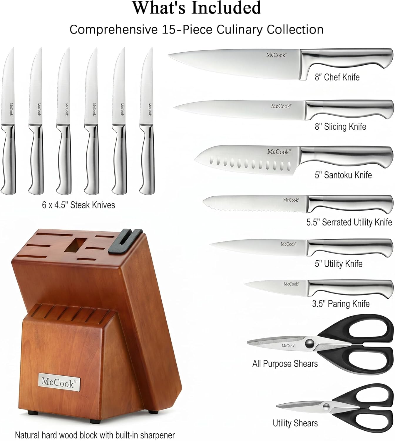 McCook® Knife Sets, German Stainless Steel Kitchen Knife Block Sets with Built-in Sharpener, 15 Piece Chef Knife and More, Razor Sharp, Restaurant Grade, Anti-Rust, Elegant Box for Gift