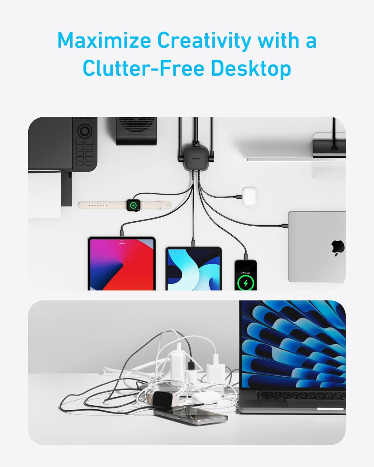 Anker Desktop Charger, 9-in-1 Power Strip with 300J Surge Protector, 5ft Flat Plug Extension Cord with Multiple Devices, 100W USB C Charger with 3 AC, 2 USB A, 4 USB C, Home Office, Desk Accessories