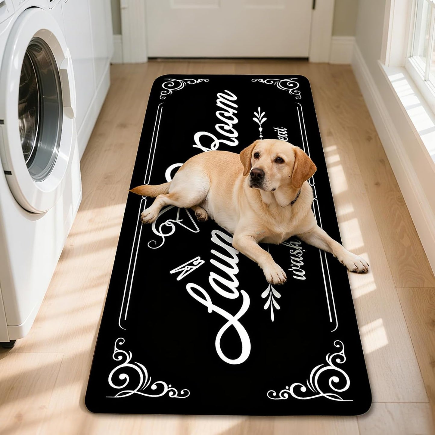 Non-Slip Laundry Room Rug Runner 17.3"x47.2" Washable Floor Cushioned Rubber Carpet Black Bathroom Hallway Mudroom Kitchen Mat for Farmhouse Entryway Washroom Decor Accessories