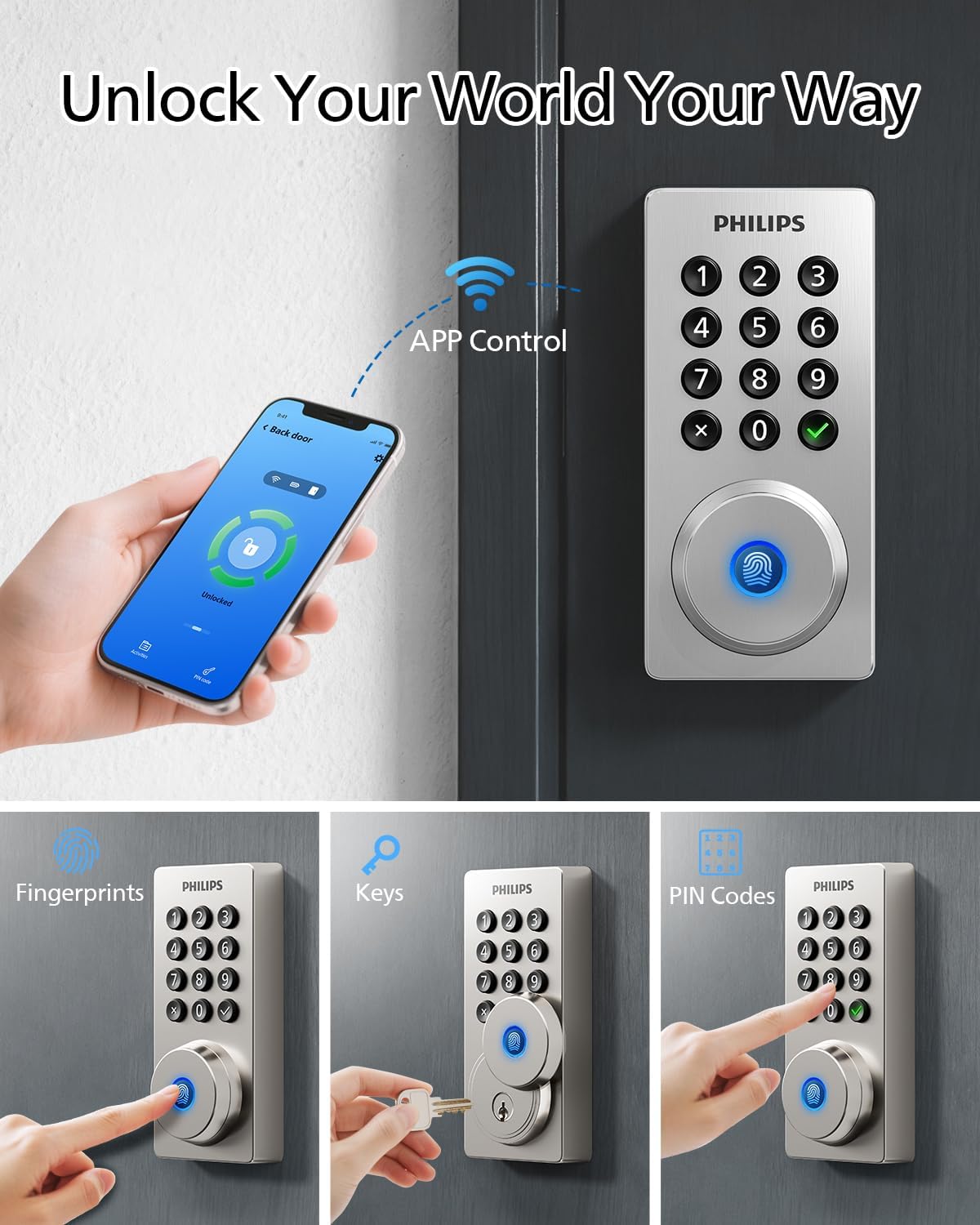Philips Wi-Fi Door Lock, WiFi Smart Lock Keyless Entry Deadbolt for Front Door, Remote Control, Built-in WiFi, APP Fingerprint Passcode Unlock, Auto Locking