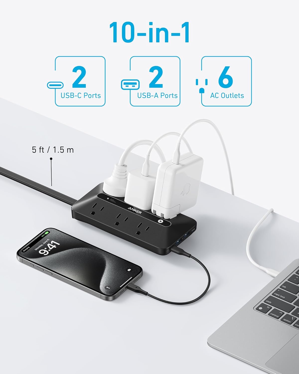 Anker Power Strip with 300J Surge Protector, Flat Plug Extension Cord with Multiple Outlets, 6 AC, 2 USB A & 2 USB C Ports for 20W, 5ft Outlet Extender, Dorm Room Essentials, Home Office