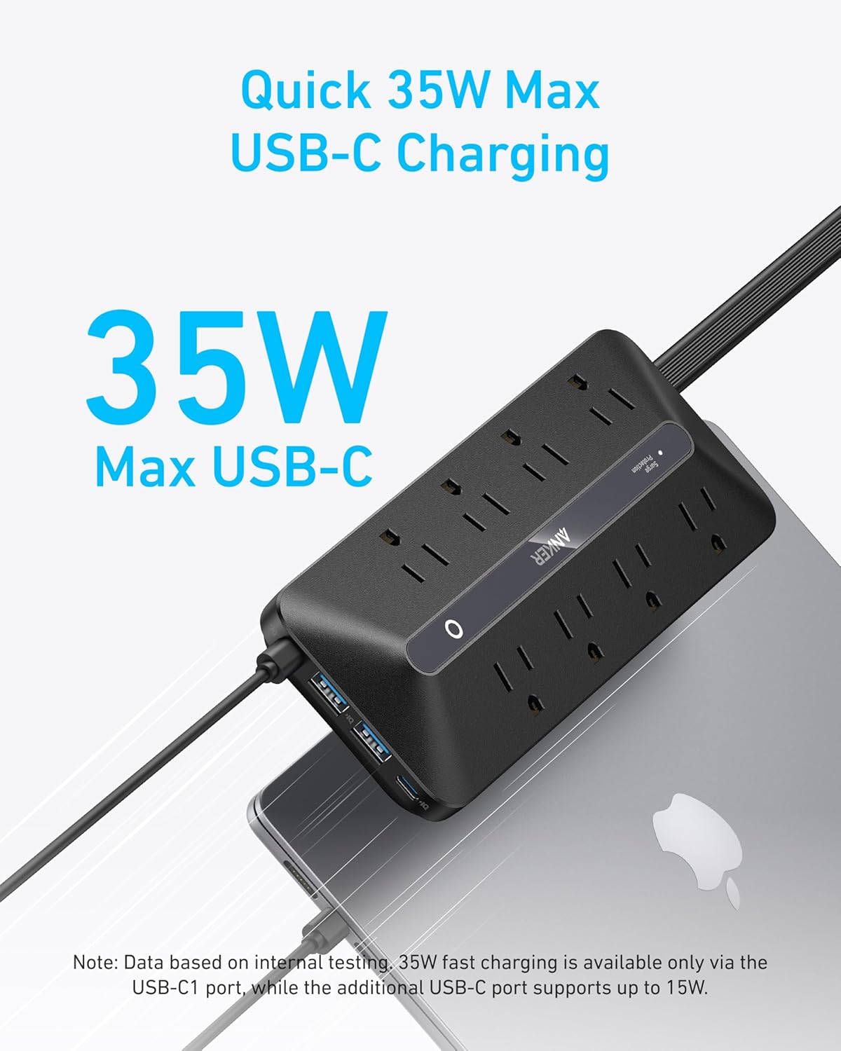 Anker Power Strip with 900J Surge Protector, Flat Plug Extension Cord with Multiple Outlets, 8 AC, 2 USB A & 2 USB C Ports for 35W Max, 5ft Outlet Extender, Dorm Room Essentials, Home Office