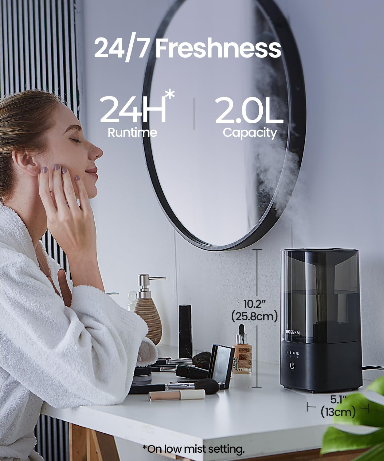 ROSEKM Humidifiers for Bedroom, 2.0L Cool Mist Humidifier for Home Plant and Baby Nursery, Quiet Ultrasonic Humidifier with 360° Nozzle, Auto Shut-Off, Filterless, Black