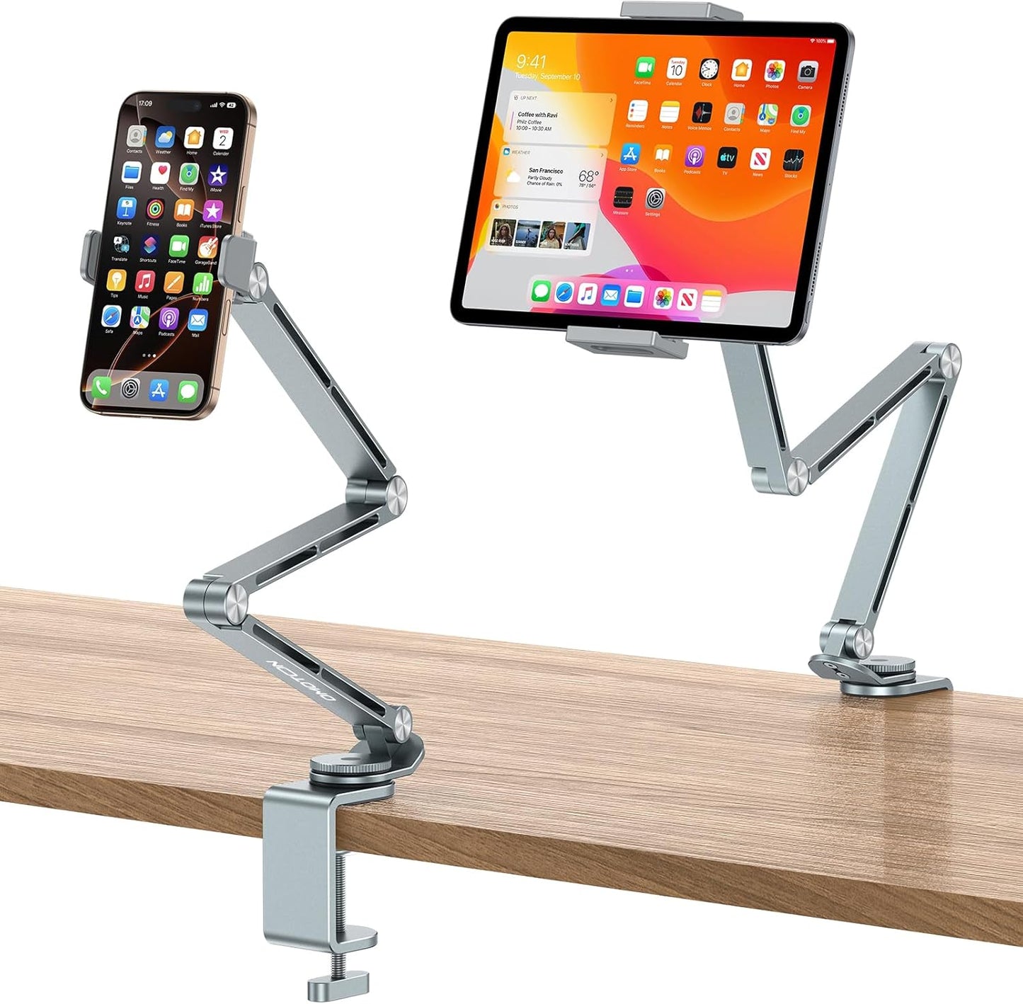 OMOTON Tablet Stand for iPad with 360° Rotation, GH03 Aluminum Alloy Long Arm Phone Mount with 2 Plastic Clamps (Phone & Tablet), Adjustable Holder for 4-13" iPad Pro/iPhone, Grey